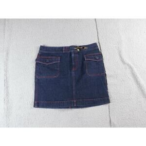 LAUREN JEANS CO Ralph Lauren Denim Skirt 12 Brass Clasp Red Stitching Pockets
